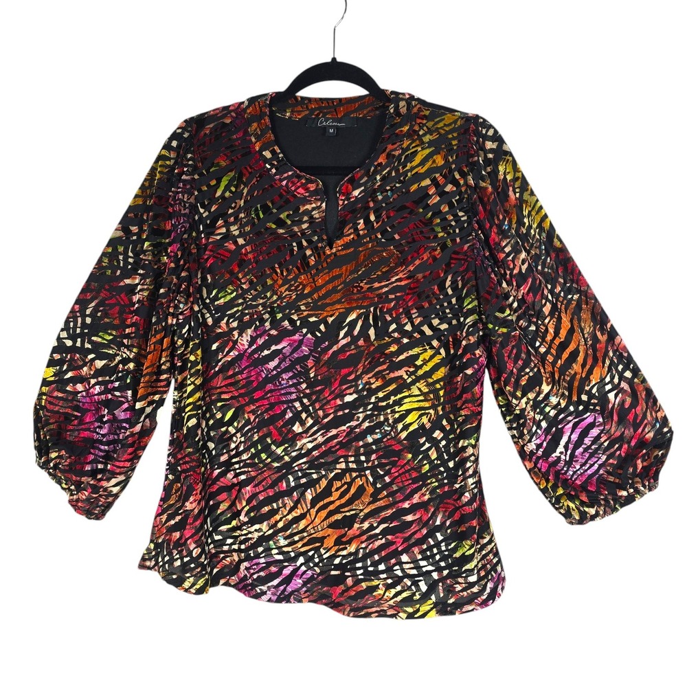Caleoas Womens Medium Velvet Burnout Blouse Multicolor Abstract Print Split Neck